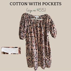 THE GREAT. Floral Cotton Pocket Dress in Beige with Black & Dusty Rose